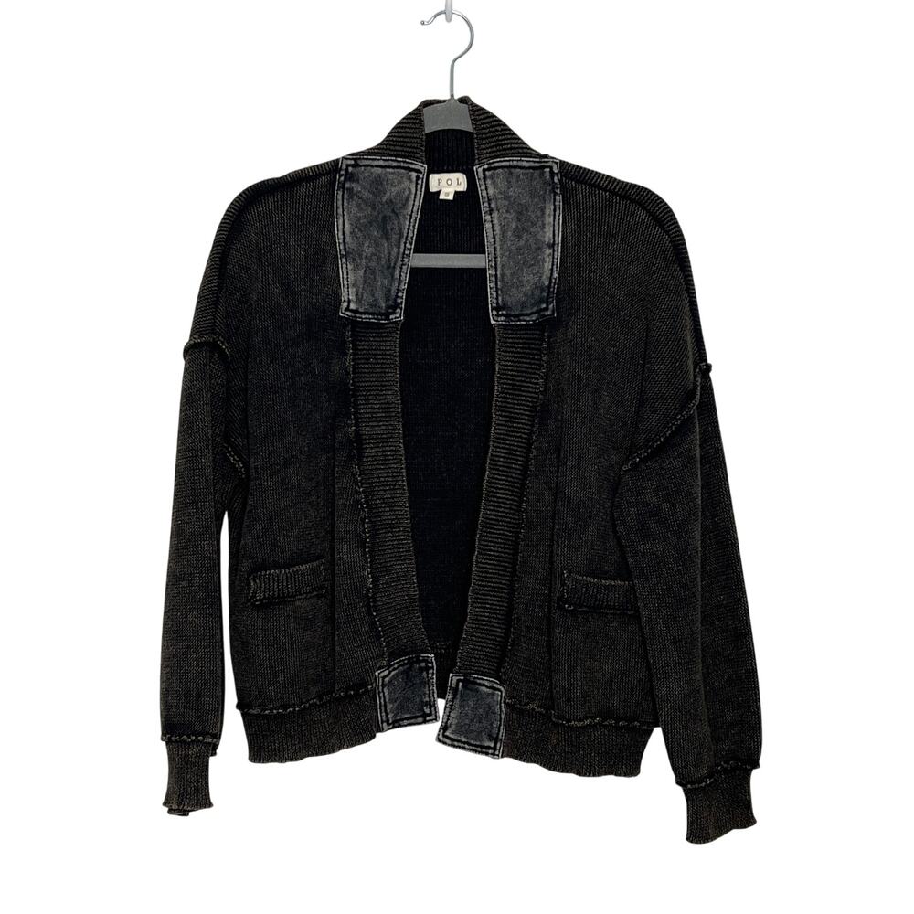 POL Brown Black Cardigan Small Open Front Chunky Knit Acid Wash Boho Grunge